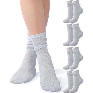 Syhood 4 Pairs Women's Novelty Glitter Ankle Socks Sparkly Metallic Casual Ladies Bright Retro Piles Ankle Socks (Gray)