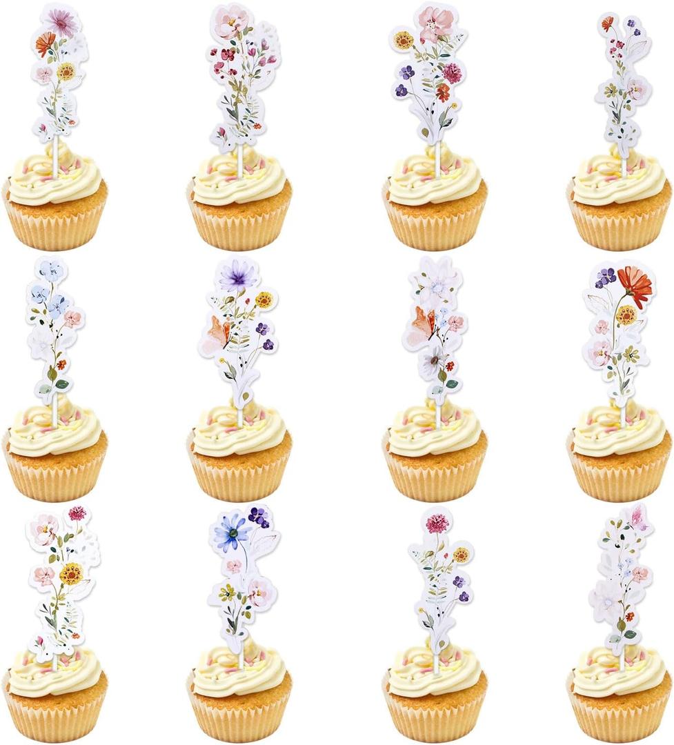 36pcs Baby Shower Cupcake Toppers, Wildflower Birthday Party Decorations Flower Cake Toppers Floral Cupcake Picks Decor for Girls Women Decoration