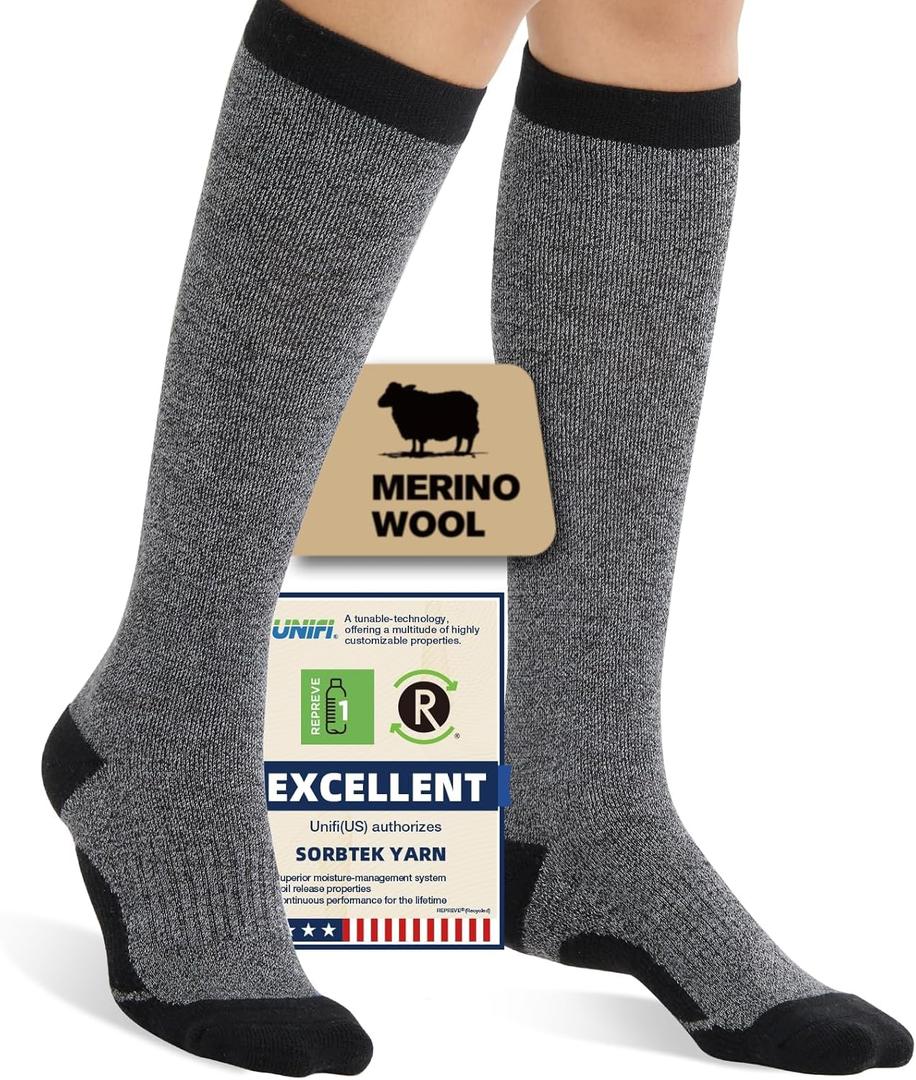 Merino Wool Compression Socks for Women Men, 15-20 mmHg Knee High Socks for Flying, Travel, Running (Large-X Large, Light Gray)