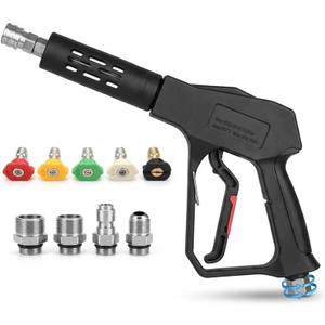 Swivel Pressure Washer Gun,Sturdy 5000PSI Short Power Washer Wand Carwash Spray Foam Gun Handle with 3/8 Plug & M22-14mm & M22-15mm and 1/4 Adapter 5 nozzles