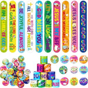 Frienda 60 Pcs Christian Easter Gifts for Kids Religious Slap Bracelets with Badges Christian Gifts Jesus Love You Wristbands Bracelets for VBS Sunday School Supplies Birthday Party Favors(God)