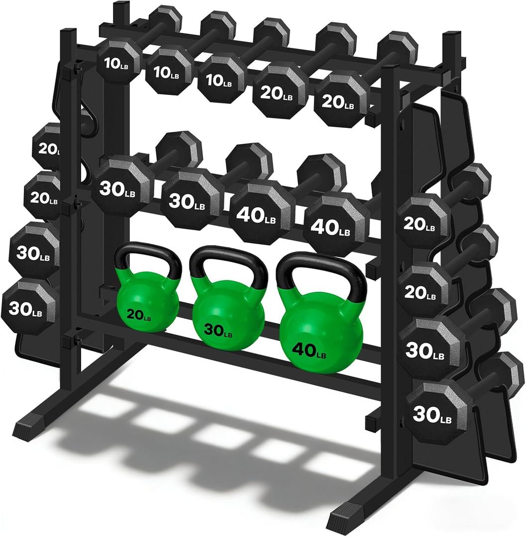 Heavy Duty Dumbbell Rack, Double-Side Extension Holder for Dumbbells & Kettlebells Home Gym Storage Rack