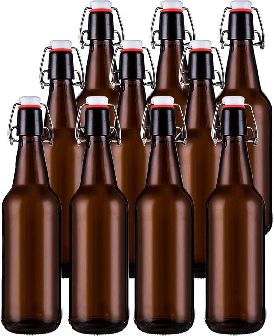 Jucoan 10 Pack Amber Glass Beer Bottles,16 oz Swing Top Glass Bottles with Airtight Flip Cap for Home Brewing Fermenting Beer, Kombucha, Kefir, Coquito, Soda, Wine, Beverage