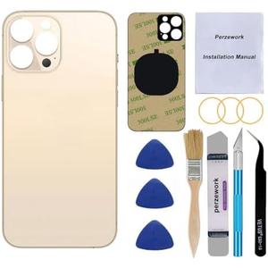 Perzework OEM Rear Back Glass Replacement (Gold) Compatible with iPhone 13 pro max 6.7 inches All Carriers with Pre-Installed Adhesive and Repairing Tool Kits