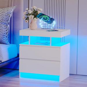 dnbss Nightstand with Charging Station and LED Light, Modern Night Stand with 2 Drawers, Smart Nightstand with USB Ports and Wireless Charger, Bedside Table for Bedroom, White, Large