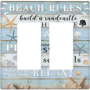 Decorative Outlet Covers Beach Rules Starfish Rustic Blue Grey Wood Board 2 Gang Wall Plate Double Rocker Decora Light Switch Cover Plate Jumbo Dual Electrical Faceplate GFCI Plug (2-Gang Rocker /4.6 x 4.5 IN)