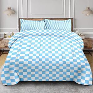 Comforter Set of 3, Queen, Blue Checkered Decor Bedroom