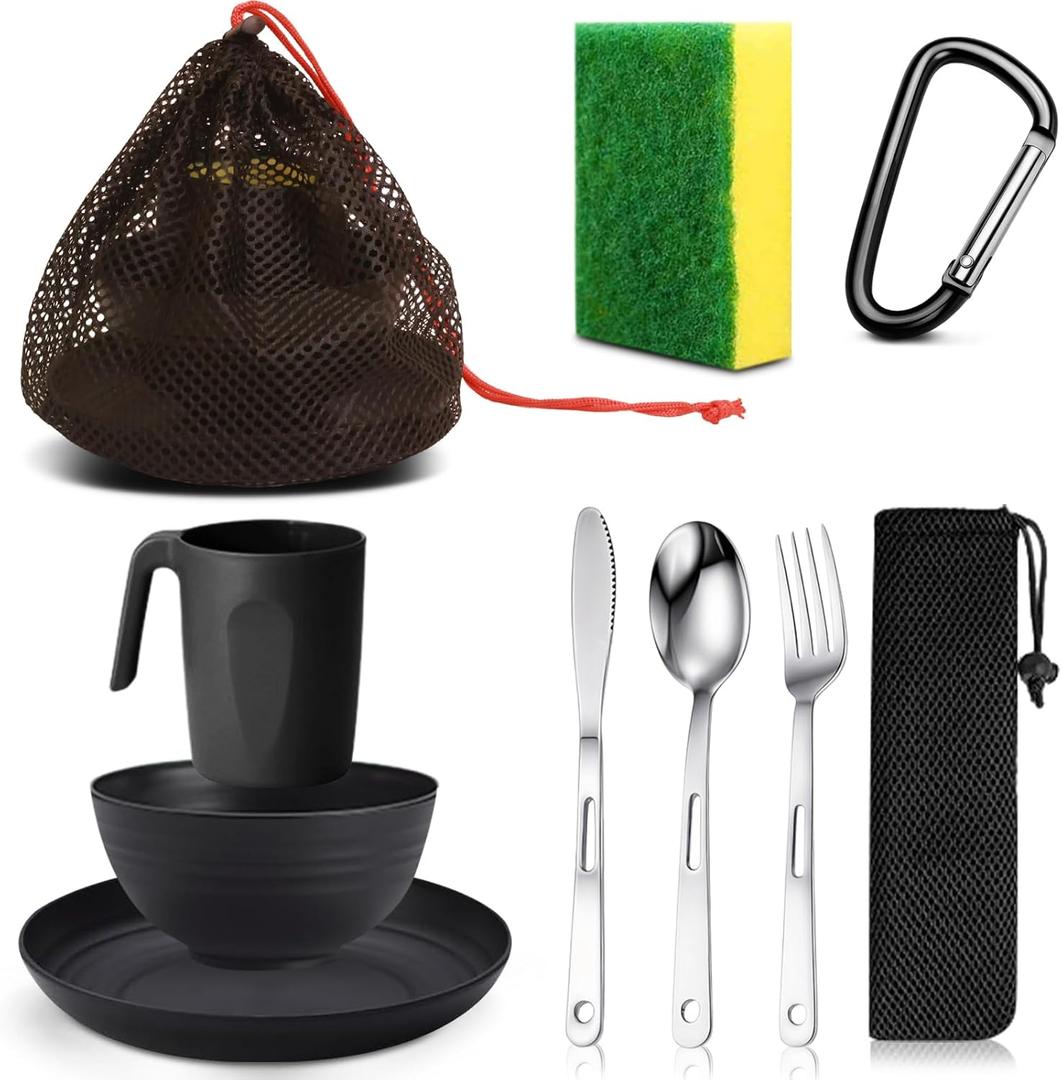 Scout Camping Mess Kit for Person Boy Scout Dishes Set Girl Scout Mess Kit with Mesh Bag Reusable Light Weight Eating Utensils Plastic Camping Cutlery Set for Travel Camp (Black)