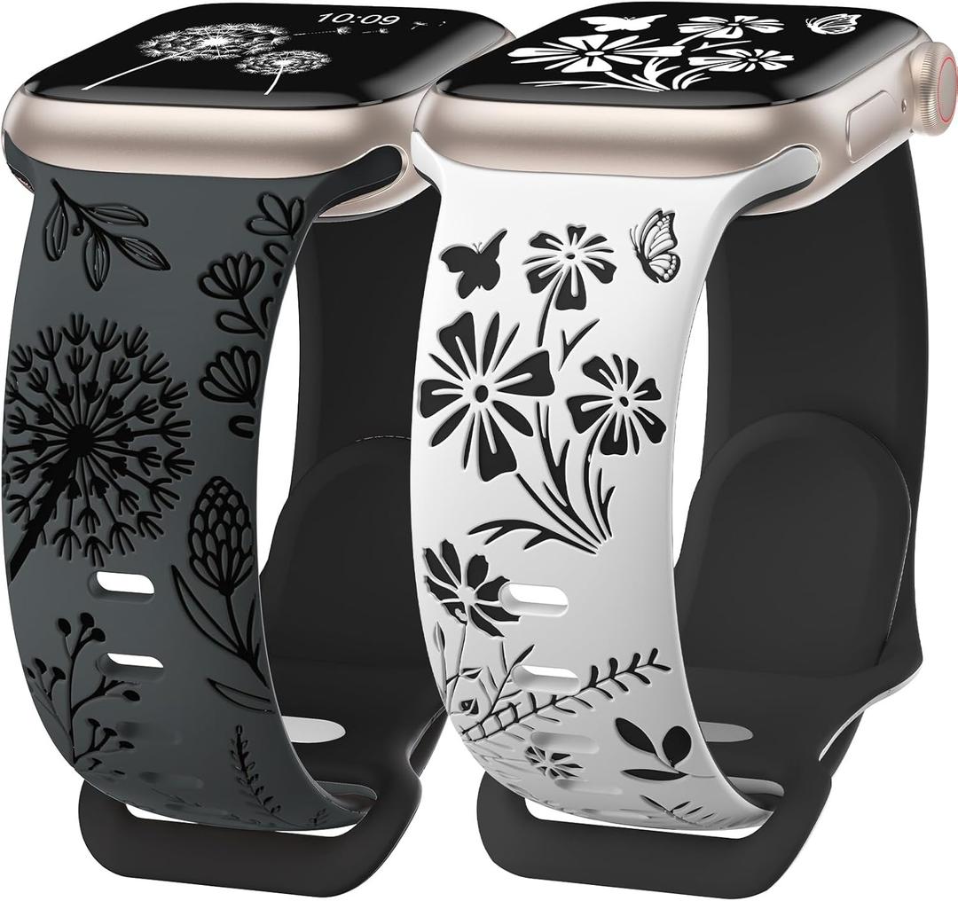 Wearlizer 2 Packs Floral Engraved Compatible with Apple Watch Bands 38/40/41/42/44/45/46/49mm Women, Cute Two-Tone Soft Silicone Strap for iWatch Series 11 10 9 8 7 6 5 4 3 SE/Ultra 3 2 1 (Grey/Black + White/Black)