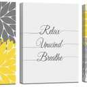 iHAPPYWALL 3 Pieces Bath Flowers Yellow and Grey Wall Art Relax Unwind Breathe Funny Bathroom Sign for Spa Yoga Bedroom Wall Decor Ready to Hang 12x16inchx3pcs