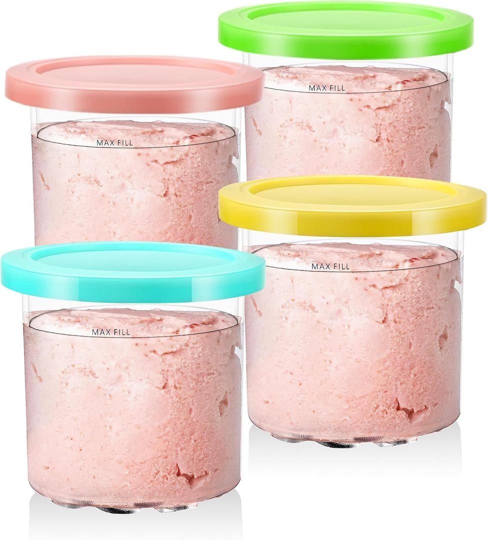 Compatible with Ninja NC301 NC300 NC299AMZ Series Ninja Creami Deluxe Pints,BPA-Free & Dishwasher Safe,16 oz Creami Pints and Lids 4 Pack-Pink/Green/Blue/Yellow