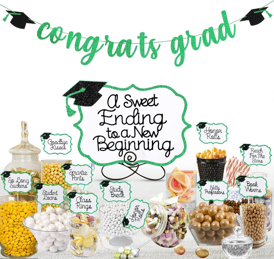 Green 2026 Graduation Candy Bar Signs Graduation Table Candy Buffet Labels for 2026 Graduation Dessert Food Label Table Party Decorations Green