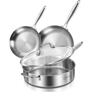 LOLYKITCH 8-10 Inch Tri-ply Stainless Steel Fry Pans and 6 QT Saut Pan with Lid,Skillets,Induction Pots and Pans Set,Dishwasher and Oven Safe,Detachable Handle Cookware Set.
