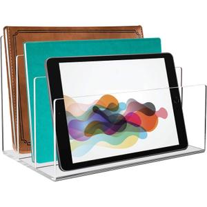 Tasybox Acrylic File Holder, Clear File Sorter Desk File Organizer 3 Sections Office Desktop Rack 9" x 6.5" x 6.5"