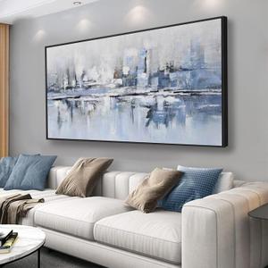 Abstract Wall Art Blue Canvas Painting Framed Artwork Modern Art Wall Decor Home Decor for Living Room Bedroom Office Wall Decorations 24x48 inch (48L" x 24W")