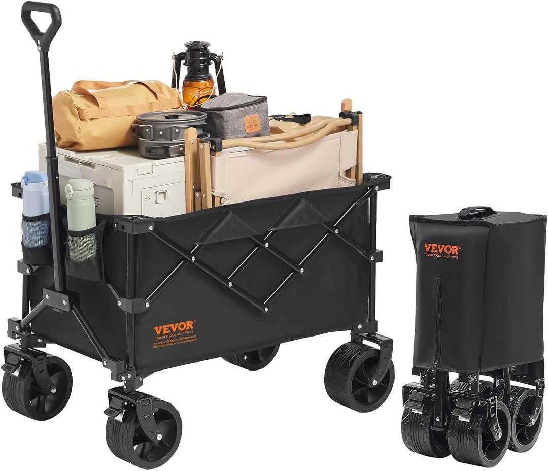 VEVOR 220L/350lbs Collapsible Folding Wagon, Heavy Duty Beach Cart Foldable with Big Wheels, Outdoor Utility Wagon All Terrain Wagon for Groceries Camping