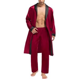 SWOMOG Men's Satin Robe with Pants Set Silky Kimono Bathrobe Lightweight Soft Sleepwear Loungewear (X-Large, Dark Red)