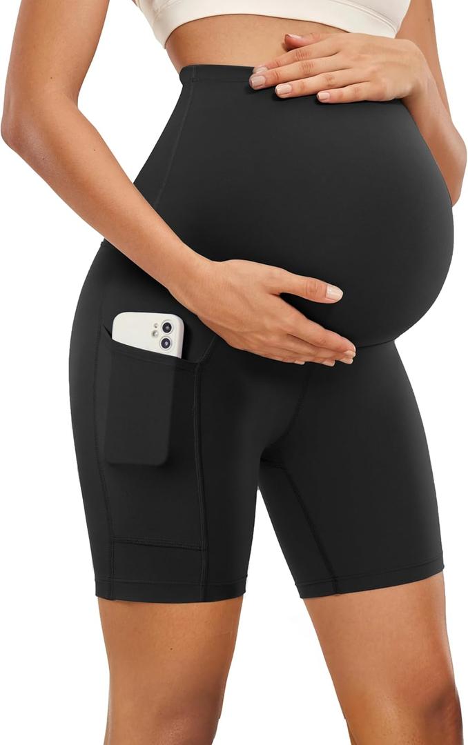 Olmlmt Womens Maternity Biker Shorts Over The Belly with Pockets Butterluxe Workout Athletic Yoga Pregnancy Shorts (#1black)