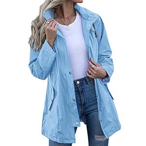 Kikibell Women Raincoat Windbreaker Hooded Waterproof Active Outdoor Rain Jacket Light Blue Women 's Rain Jacket Trench Coat, M