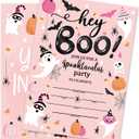 Whaline 25 Sets Halloween Boo Invitations with Envelopes Stickers Pink Ghost Pumpkin Invitation Cards Blank Invites for Birthday Party Supplies, 5 x 7 Inch