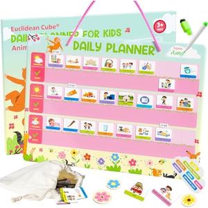 Daily Planner for Kids - Magnetic Behavior Board Calendar with 195 Magnets, Storage Bag, Cord & Pen - Daily Routine and Chore Chart - Visual Schedule for Kids 3+ Year Old (Animal Theme)