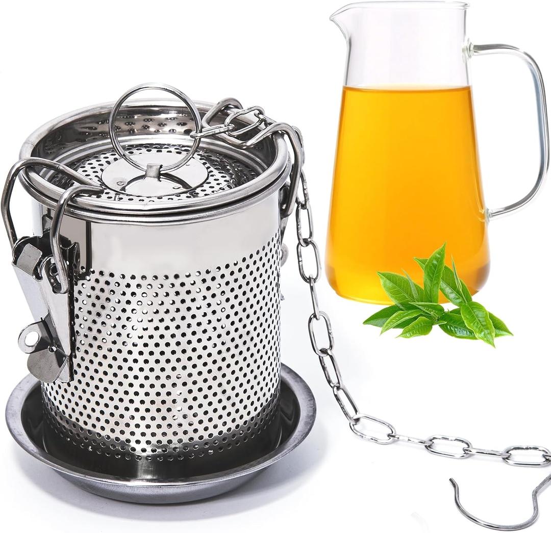 Large Tea Infuser for Loose Leaf Tea with Drip Tray, Stainless Steel 10oz Tea Pitcher Teapot Strainer and Steeper, Reusable Spice Diffuser Basket Cooking Filter
