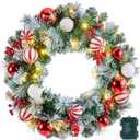 Pre-Lit Artificial Christmas Wreath 24Inch, Christmas Door Decorations Wreath with 50LED Warm Lights, Christmas Balls, Pine Needles, and Red Berries for Front Door Wall Windows X-mas Ornament
