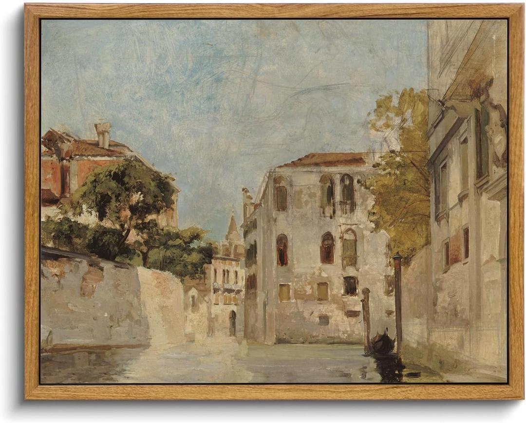 KISSFOX Vintage Venice Canal Canvas Wall Art Impressionist Retro Neutral Italy Cityscape Landscape Framed Wall Art Prints Artwork For Living Room Bedroom Kitchen (8x10 in)