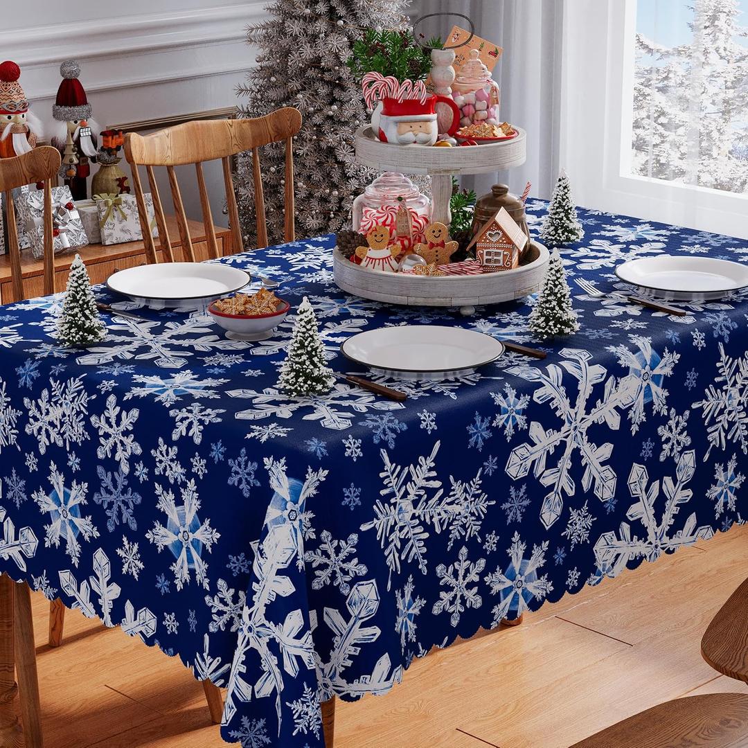 Siilues Christmas Tablecloth 60x84 Inch Rectangle, Washable Blue Snowflake Waterproof Table Cloth Seasonal Winter Holiday Scallop Edge Dining Table Cover Home Party Decorations
