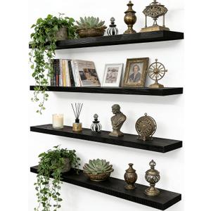 24 Inch Rustic Wood Floating Shelves Farmhouse Wooden Wall Shelves for Bathroom Bedroom Living Room Kitchen Office Set of 4 Black