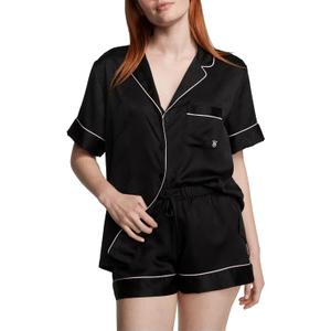 Victoria's Secret Satin Pajama Set, Short Sleeve Button Down Shirt & Shorts, Sleepwear for Women (Medium, Black)
