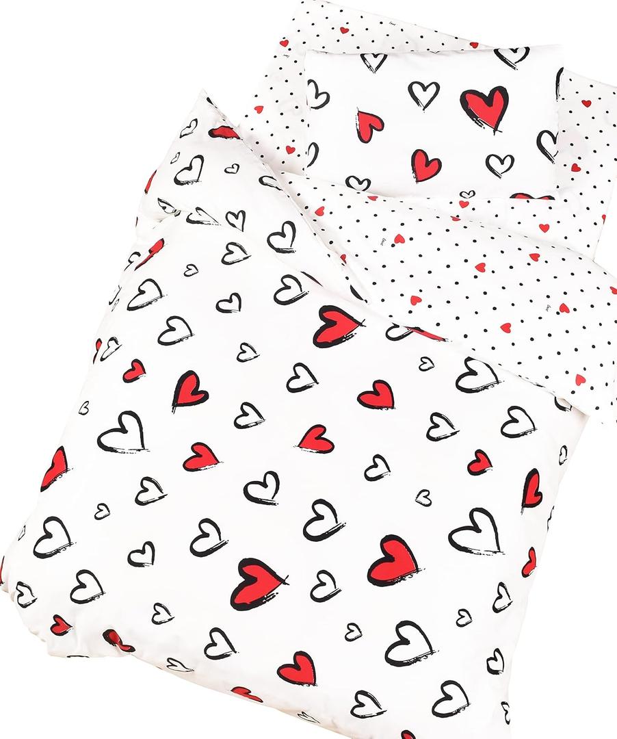 J-pinno Red Heart Cute Girls Cartoon Duvet Cover + Pillowcase Set, Zipper Closure, 100% Cotton, for Kids Crib Toddler Bedding Decoration Gift (Love, Crib 47" X 59")