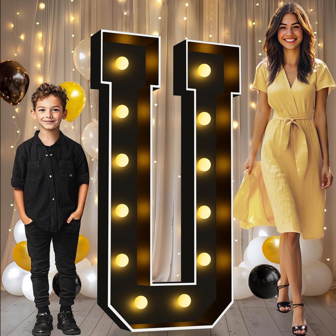 2 x Pooqla 4 FT Marquee Light Up Letters, Black Marquee Letter Lights 4 Feet Tall for Birthday Decoration, Big Mosaic Letters Sign for Balloons Party Anniversary Wedding Decorations, Giant Warm White U