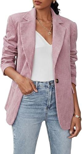 IDEALSANXUN Corduroy Blazer for Women Business Casual Fall Winter Dressy Work Business Office Suit Jackets, Pink, XL