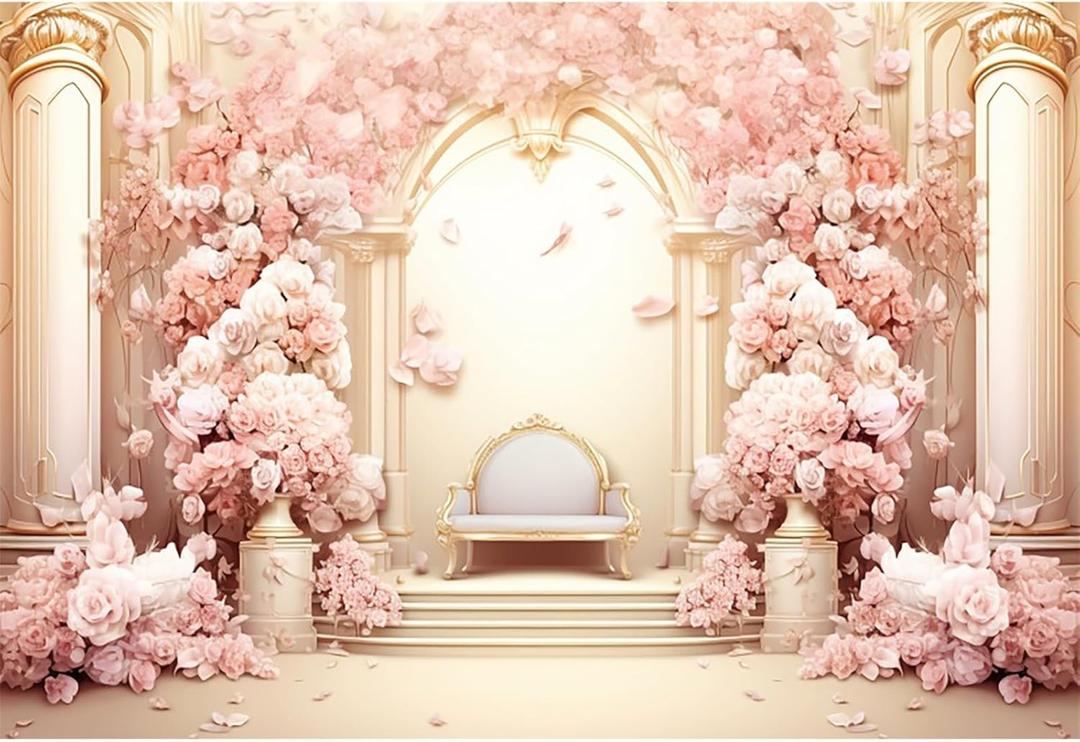 7x5ft Pink Floral Wall Backdrop Girls Rose Bridal Shower Palace Wedding Anniversary Flowers Baby Shower Party Decorations Photography Background Photo Shoot Props