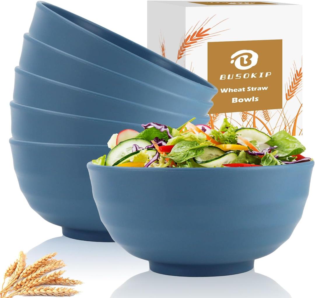 Large Soup Bowl 60 OZ, Wheat Straw Bowl Set of 6, Large Plastic Bowls Rusable, Microwave Safe Big Bowl for Fruit, Salad, Popcorn, Serving Bowls for Kitchen, Picnic, RV - Bule (Blue)