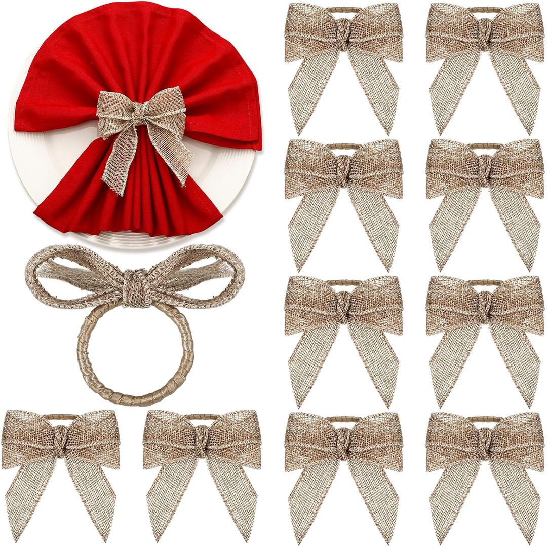 LemonRoad 12 Pcs Christmas Napkin Rings Set Burlap Bow Xmas Napkin Holder Chic Buckle for Christmas Dinner Parties Wedding Dining Table Decoration