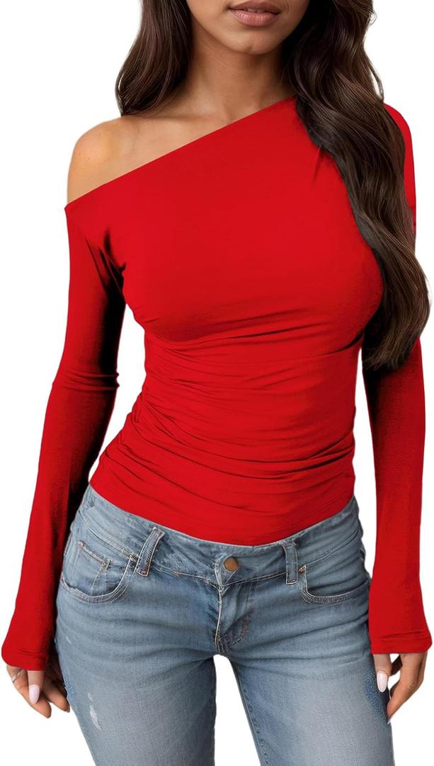 Women's Sexy Off The Shoulder Tops Long Sleeve Spring T-Shirt Slim Fitted Solid Y2K Going Out T Shirts Top Y01 (Medium, Red)