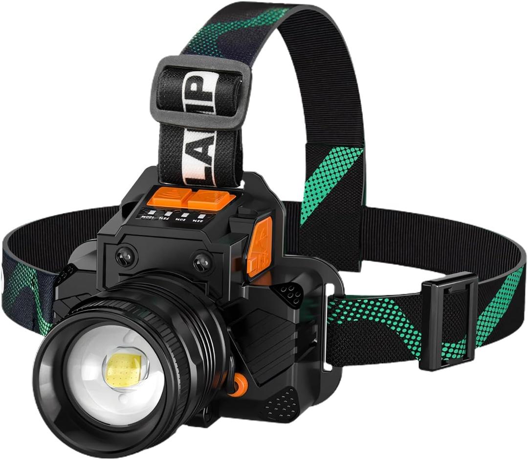Rechargeable Headlamp, 50000 High Lumens. Super Bright with Motion Sensor, 5 Lighting Modes. IPX7 Waterproof, 90 Adjustable & zoomable, Ideal for Camping, Cycling and Running.