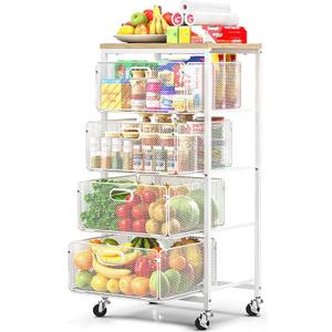 SUNALLY Rolling Kitchen Cart with Drawers, 4Tier Utility Cart Fruit Vegetable Storage Cart with Lockable Wheels, Wooden Top Metal Kitchen Storage Organizer for Cans, Snacks, Beauty, Craft, Art, White