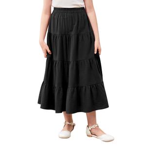 Girls Casual Vintage Solid Elastic High Waist Tiered Hem Long Swing Linen Maxi Skirt L