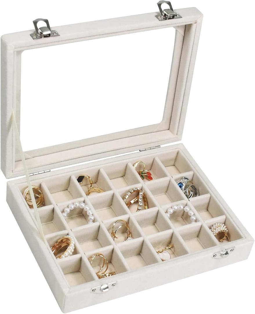 Velvet Jewelry Box 24 Grid Jewelry Ring Display Organiser Box Tray Holder Earrings Storage Case for Girls Wife Mom Women (Beige)