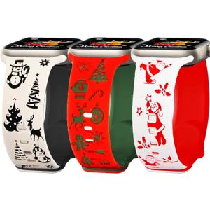 Christmas Band Compatible Apple Watch 38mm 40mm 41mm 42mm 44mm 45mm 46mm 49mm Winter Women,Blingbrione 3 packs Engraved Pink Silicone Santa Snowman Xmas Holiday Green Red 3 Sets Strap for iphone Watch Series Ultra 11 10 9 8 7 SE 6 5 4 3 2 1