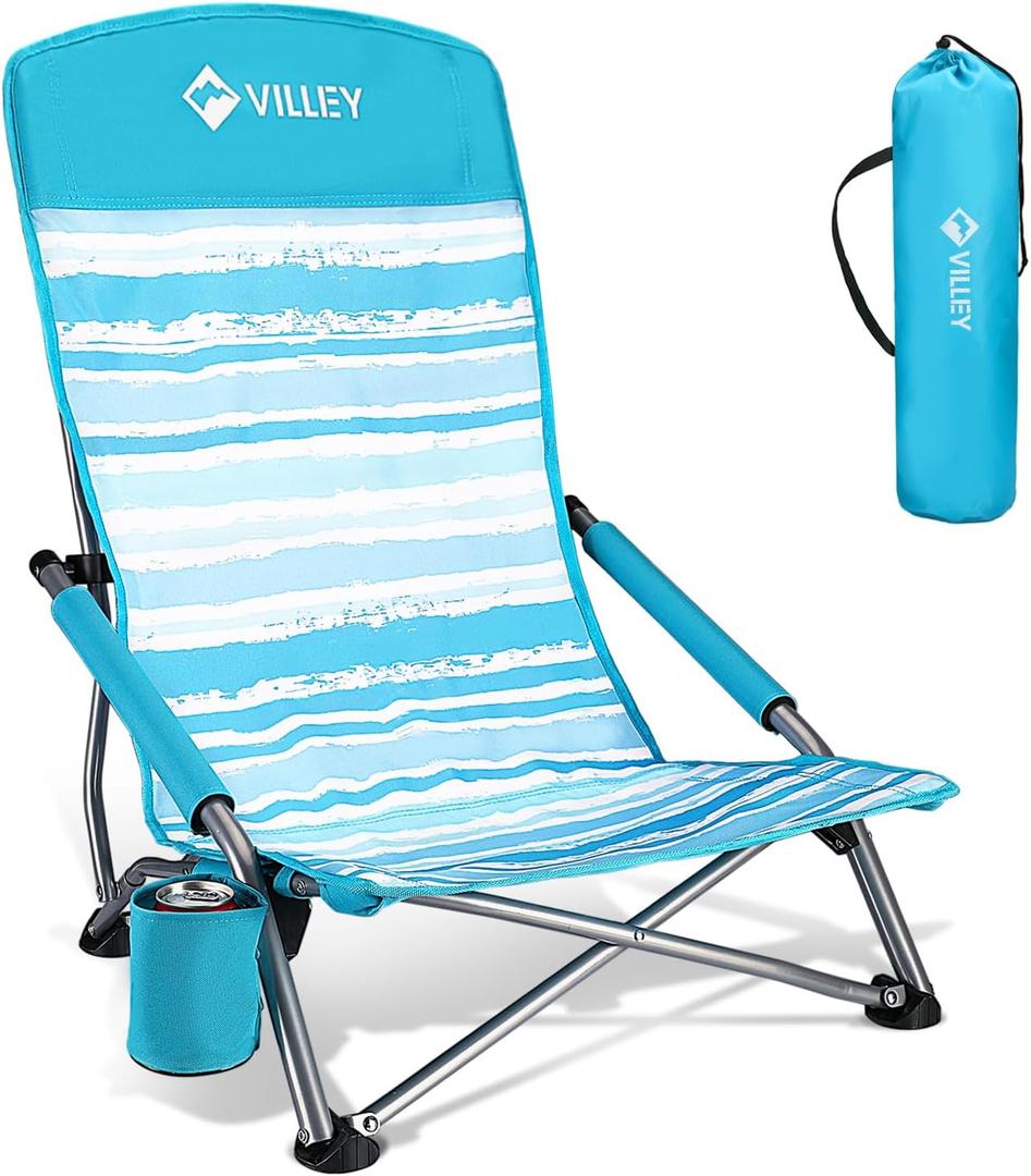 VILLEY Low Beach Chair, High Back Folding Chair for Adults, Lightweight and Portable for Outdoor, Camping, Lawn, Music Festival, with Cup Holder and Carry Bag - Blue Stripes, 22.4 Inches X 26.4 Inches X 31.5 Inches