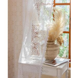 White Lace Curtains 84 Inches Long 2 Panel Sets Farmhouse Retro Crochet Sheer Curtain with Tassel Rod Pocket Light Filtering Privacy Sheer Curtain for Closet Door Living Room Window 59 x 84 Inch