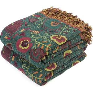 Boho Throw Blanket for Bed 100% Cotton Soft Lightweight Quilt Home Decor Bed Blanket, Floral Embroidery Reversible All Season Bohemian Breathable Twin Throws for Sofa Couch Chair 60"×80"
(Flower-dark Green)