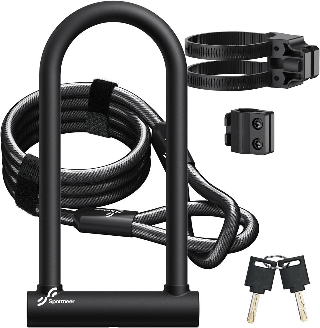 Sportneer Bike Lock: Heavy Duty Bike U Lock with 6ft Security Steel Cable - 18mm Shackle Bicycle U-Locks with Keys and Sturdy Mounting Bracket for Road Mountain Bike Bicycle, Size 11.5''x6.25'' (Black)