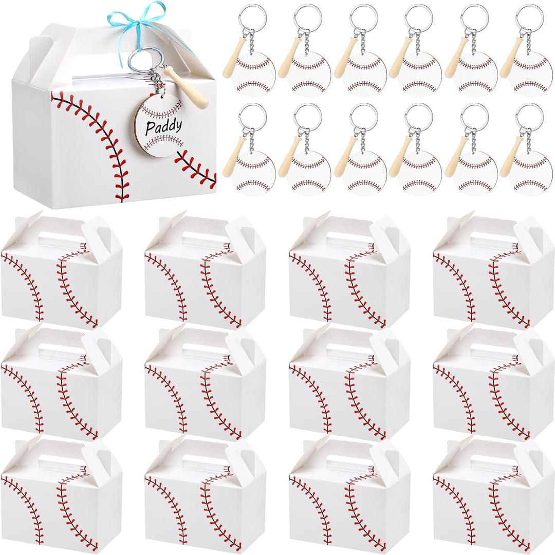 Marspark 12 Sets Baseball Treat Snack Gift Boxes with Wood Baseball Keychains Party Favors Mini Ball Bat Decorations Candy Goodie Cookies Bags Sports Birthday Event Supplies Sports Enthusiasts Gifts