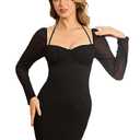 WDIRARA Women's Sheer Mesh Long Sleeve Halter Neck Tie Back Cocktail Party Bodycon Dress Black L