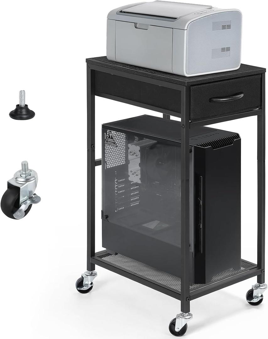 YBING PC Stand 2 Tier Computer Tower Stand with Drawer Mobile Computer Cart with Storage Metal CPU Holder on Wheels Pc Tower Stand Black Rolling Computer Tower Stand Floor for Office